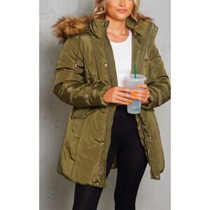 New $78 Olive Green Faux Fur Hooded Elasticated Waist Longline Parka Winter Coat